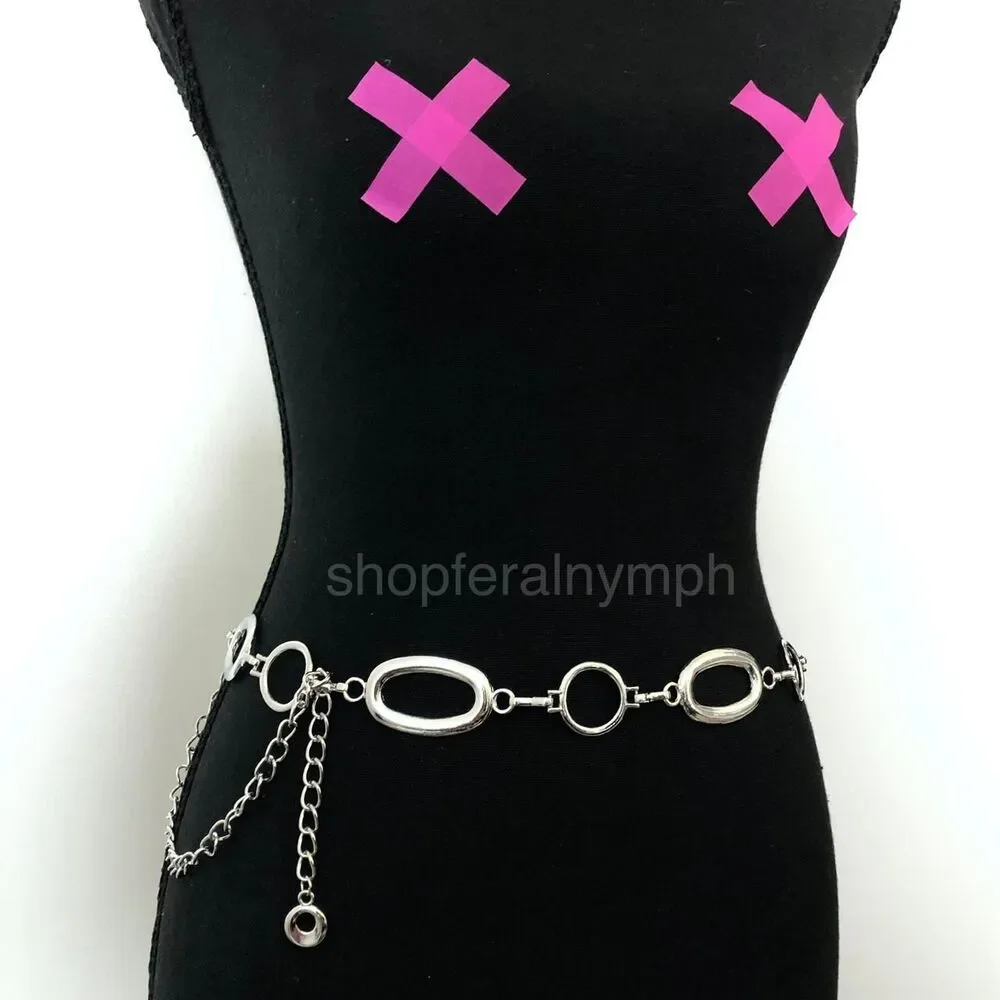 Y2K Minimalist Silver Geometric Link Chain Belt, Fits 29–42 Inches, X7GA1221